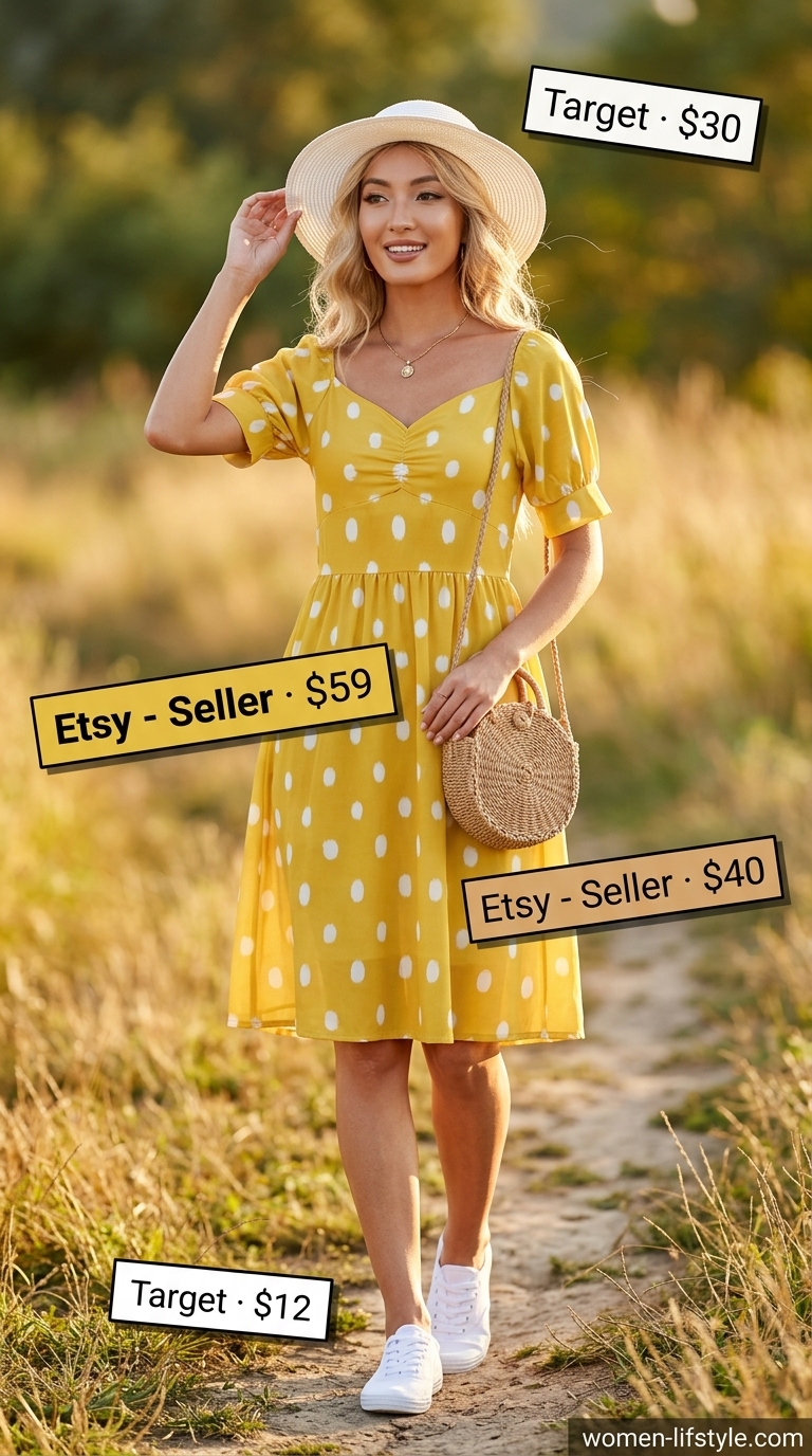 Playful yellow polka dot sundress for summer must have outfits for women 2026 casual outings.
