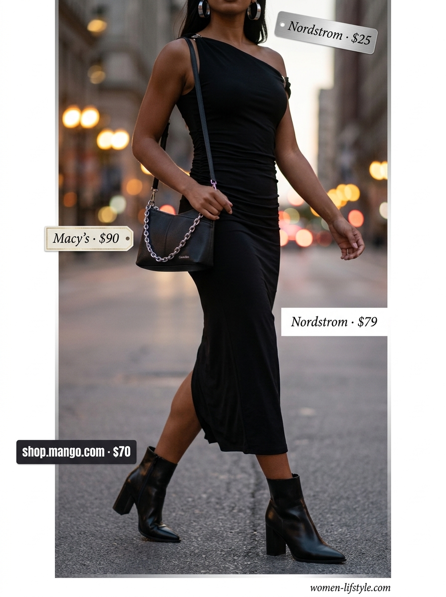 Edgy black one-shoulder midi dress with ankle boots for a modern urban night out or concert.