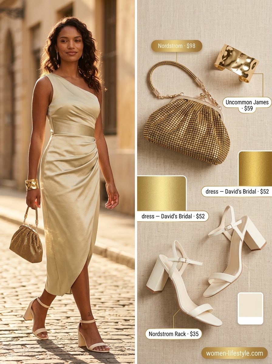 Glamorous champagne one-shoulder midi dress with gold accents for a summer evening event or cocktail party.