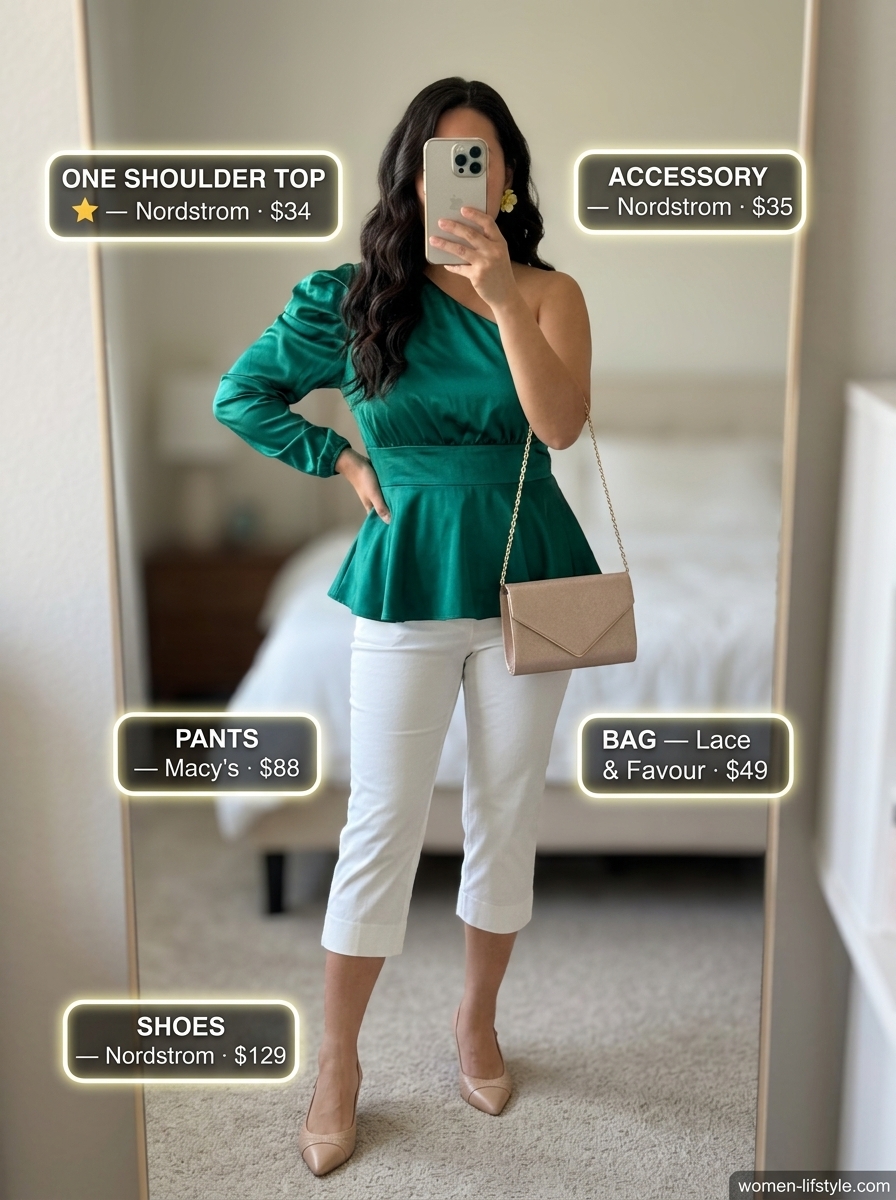 Elegant emerald green one-shoulder top with white capri pants for a sophisticated summer wedding guest look.