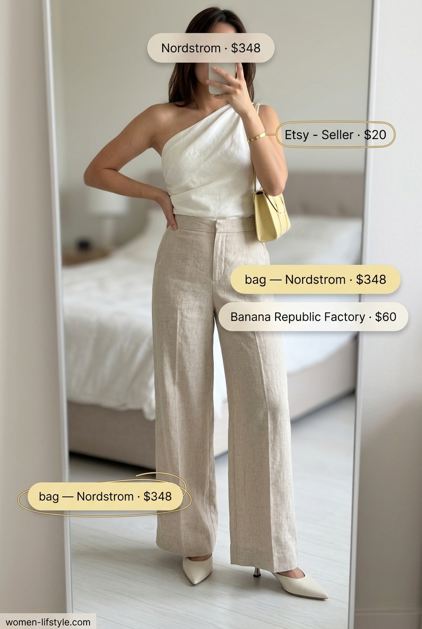 Chic ivory one-shoulder knit top with cream wide-leg trousers for a modern minimalist summer daytime event.