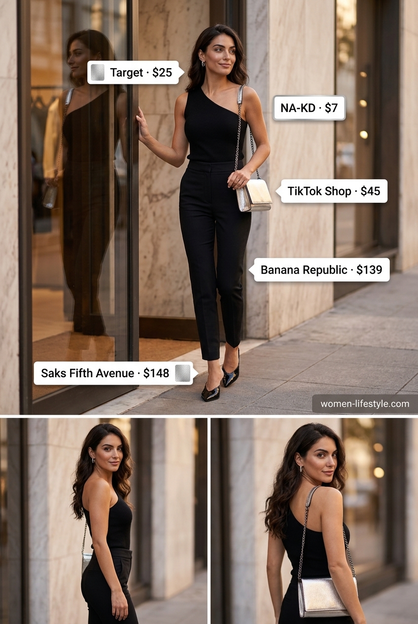 Black one-shoulder knit top with cigarette pants for city night out outfits 2026.