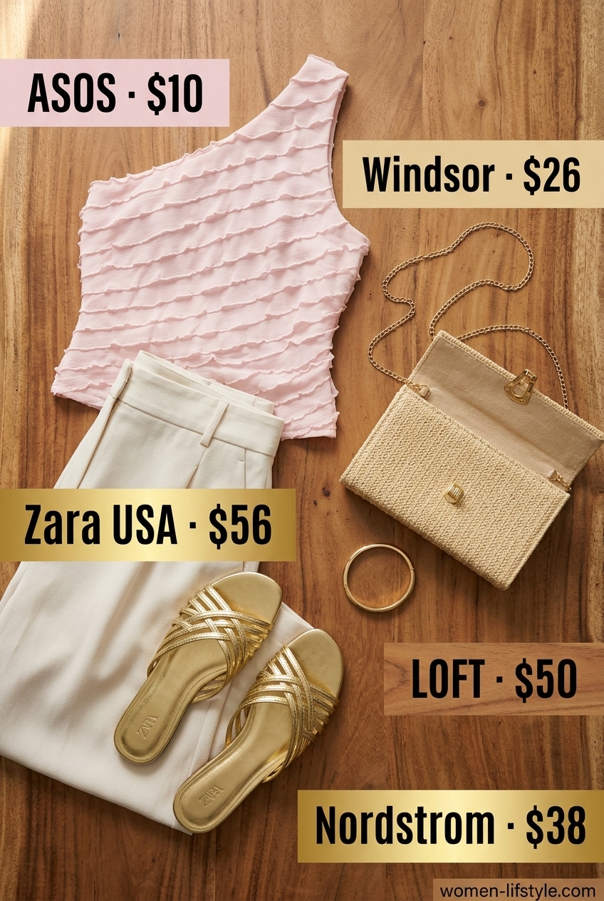 Blush pink one-shoulder blouse with ivory palazzo pants for summer evening outfits 2026.