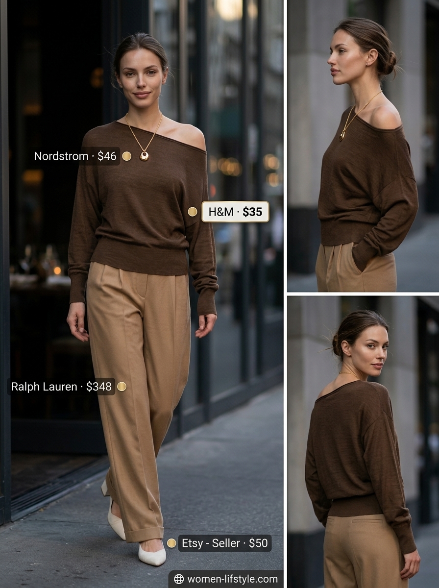 Burgundy one-shoulder top with camel wide-leg trousers for fall work event outfits 2026.