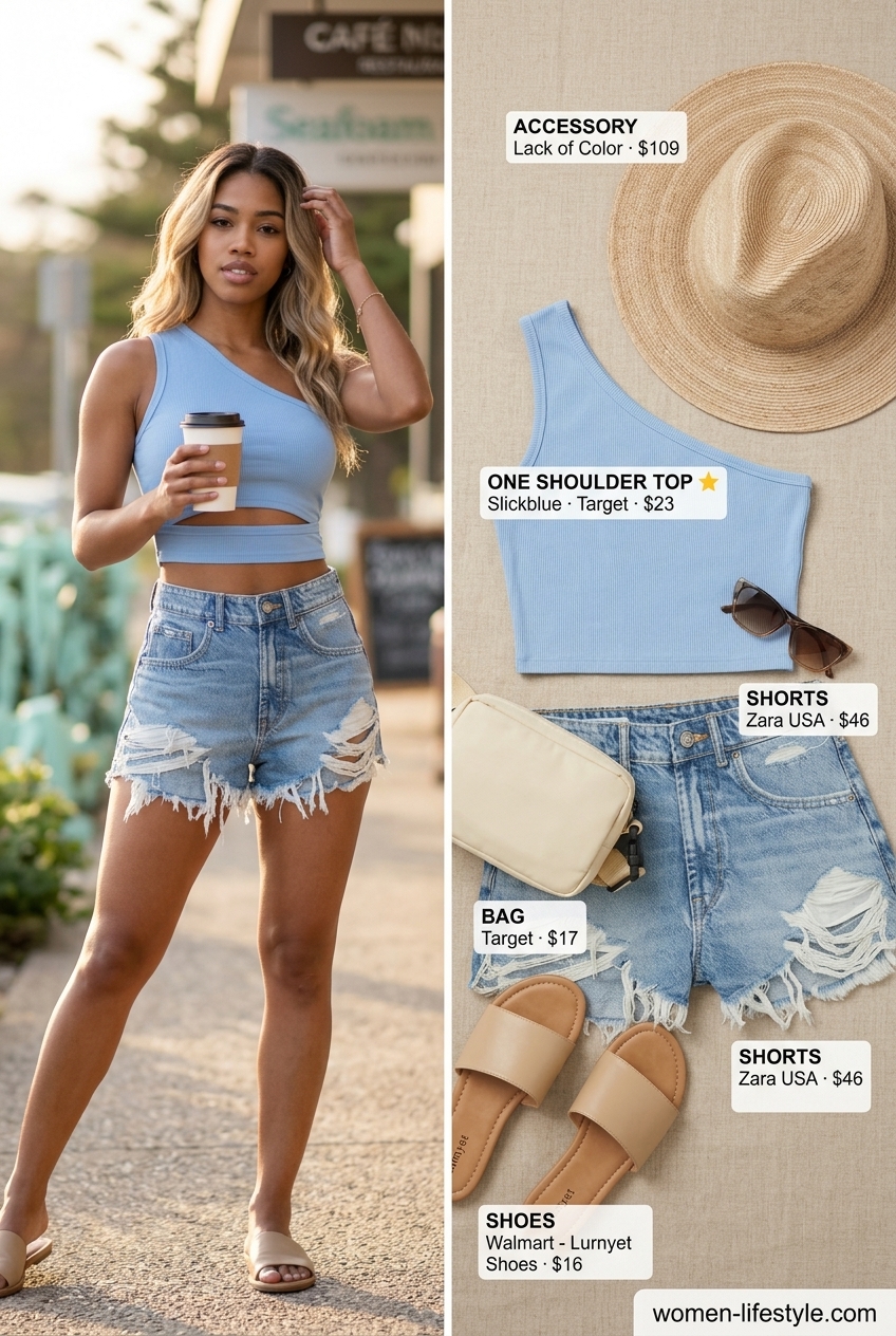 Casual summer one shoulder top outfit for women 2026: pastel blue knit, denim shorts, straw hat, tan slides.