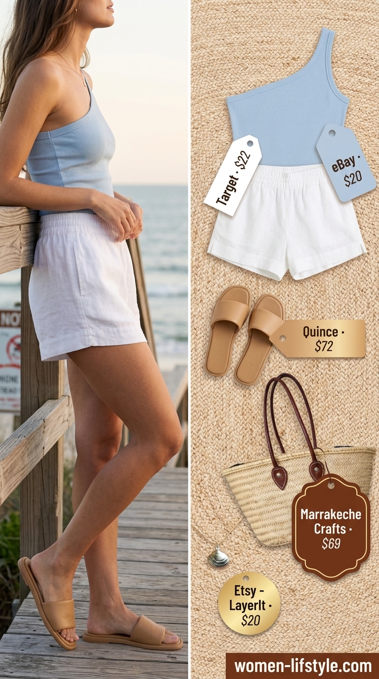 Coastal Breeze one shoulder top outfit for women 2026: sky blue knit, white linen shorts, tan slides, gold shell necklace.