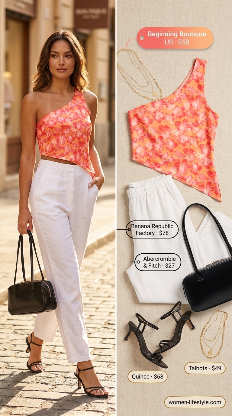 Coral satin one-shoulder top with white linen pants for summer date night outfits 2026.