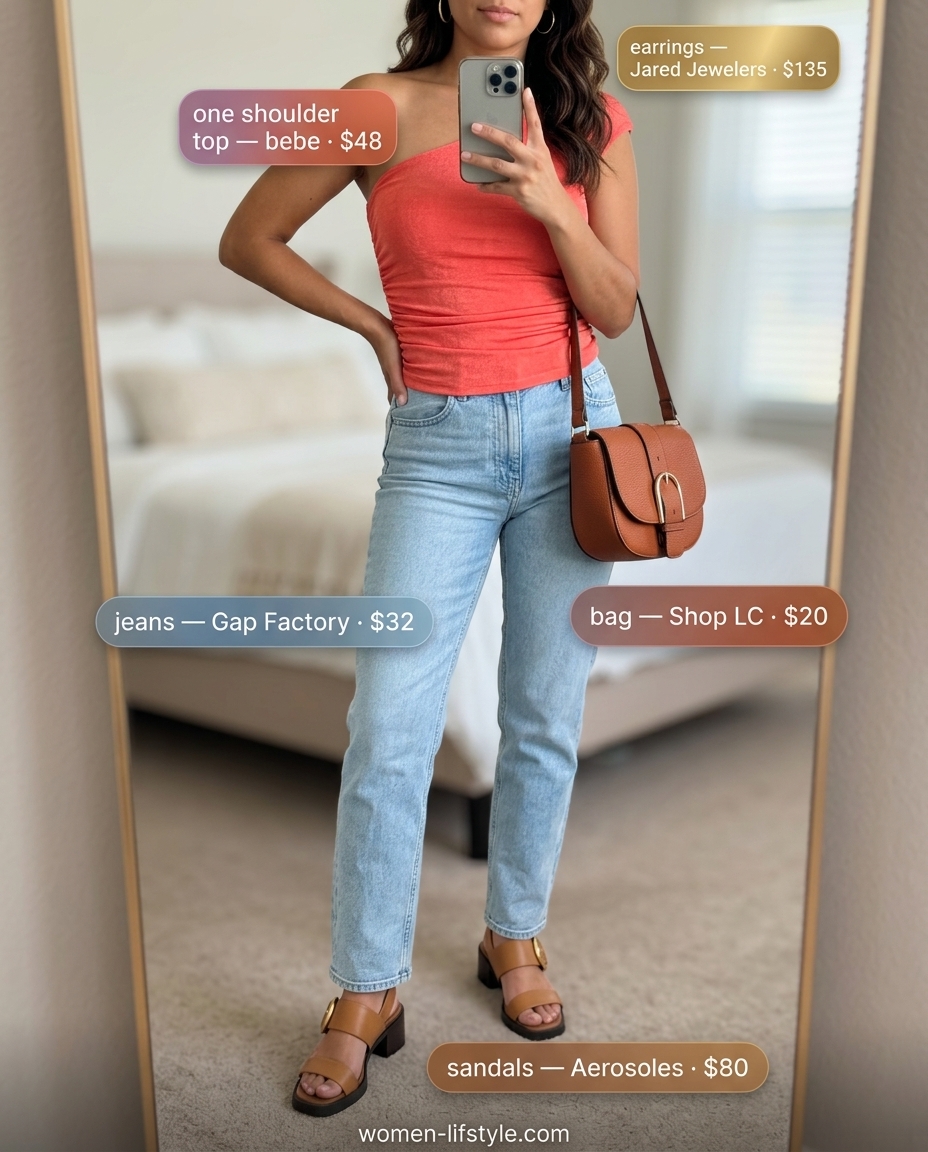 Coral one-shoulder top with light wash jeans for casual dinner outfits 2026.