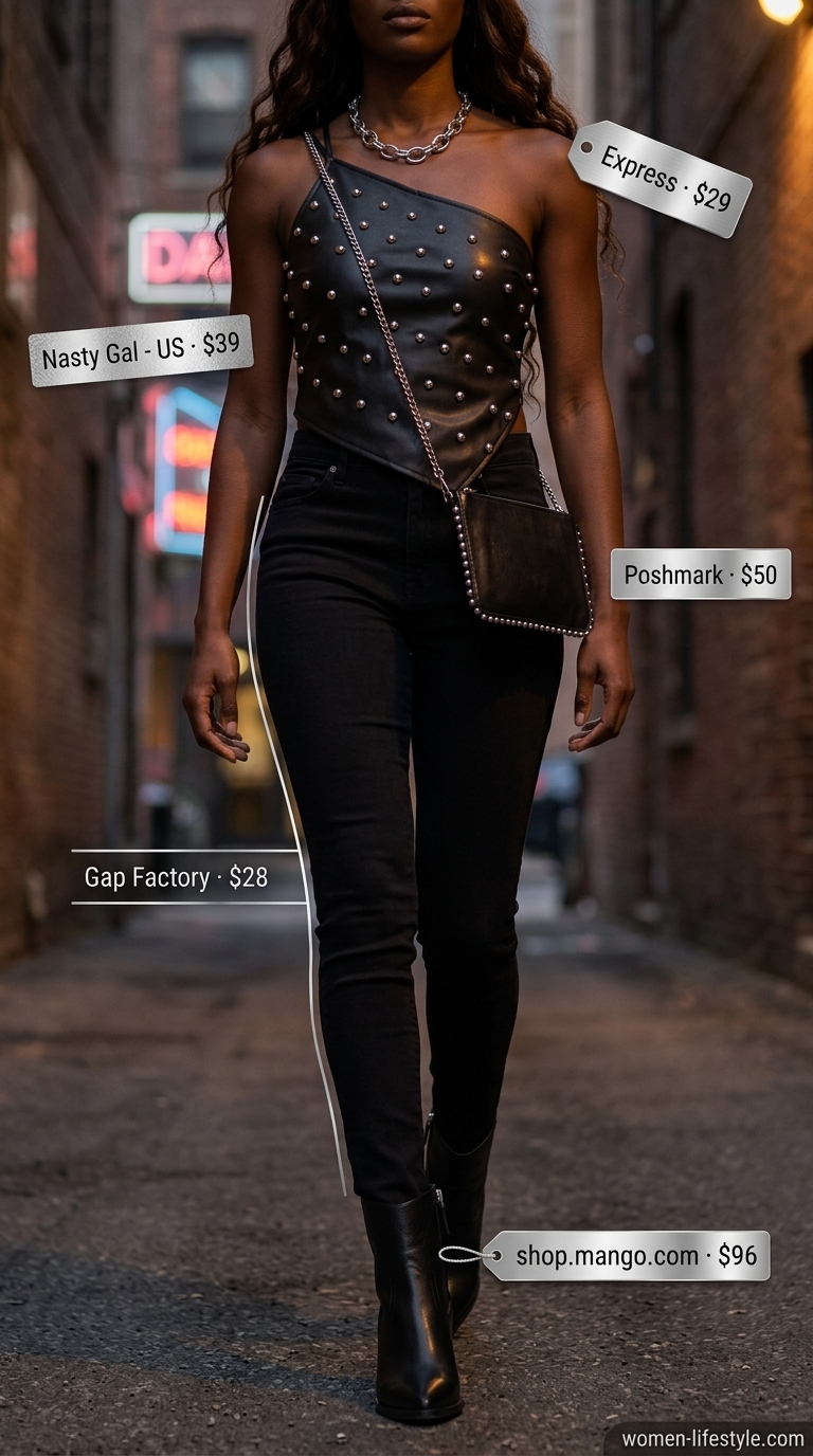 Edgy night out one shoulder top outfit for women 2026: black faux leather top, black skinny jeans, silver chain, ankle boots.