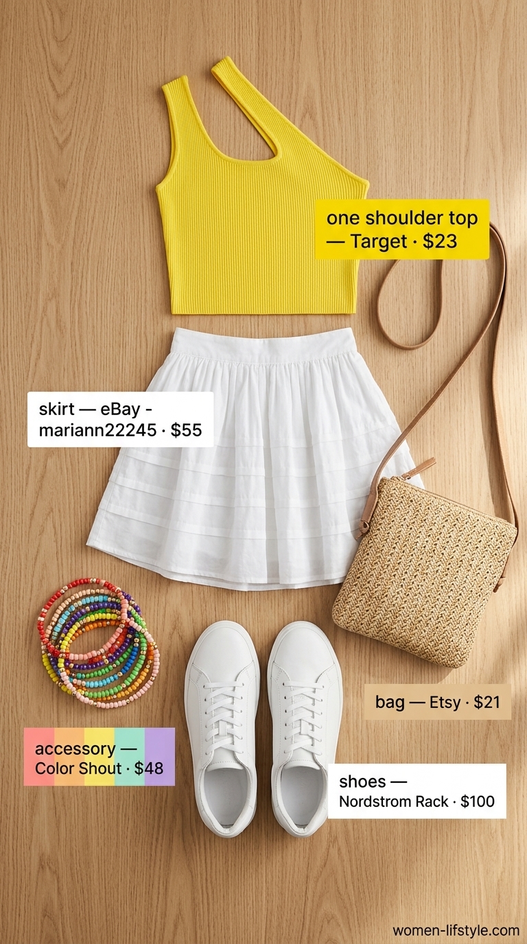 Festive summer one shoulder top outfit for women 2026: yellow crop top, white tiered skirt, white sneakers, beaded bracelets.