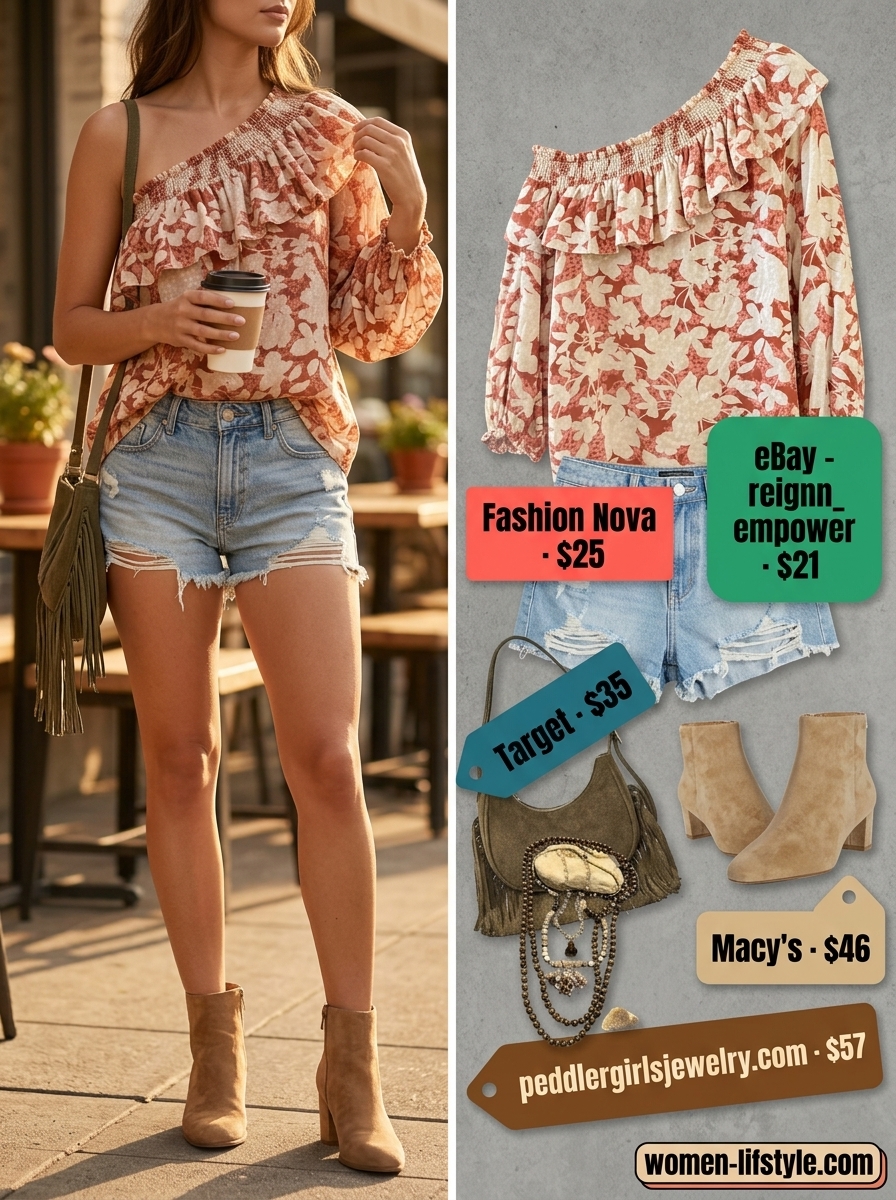 Muted floral one-shoulder peasant top with denim shorts for festival outfits 2026.