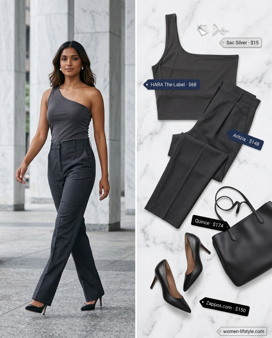 Charcoal grey one-shoulder top with black wide-leg trousers for office wear 2026.