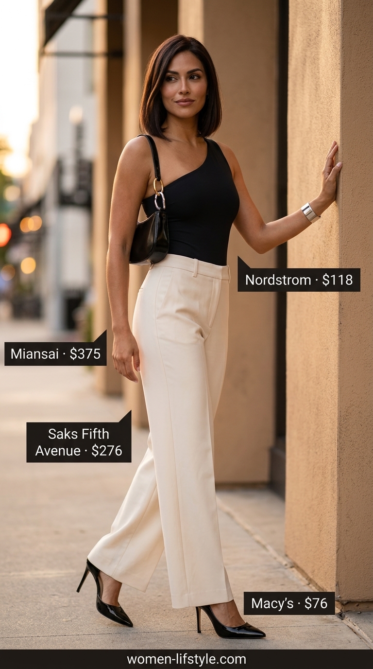 Modern minimalist one shoulder bodysuit outfit for women 2026: black bodysuit, white trousers, silver bracelet, black heels.