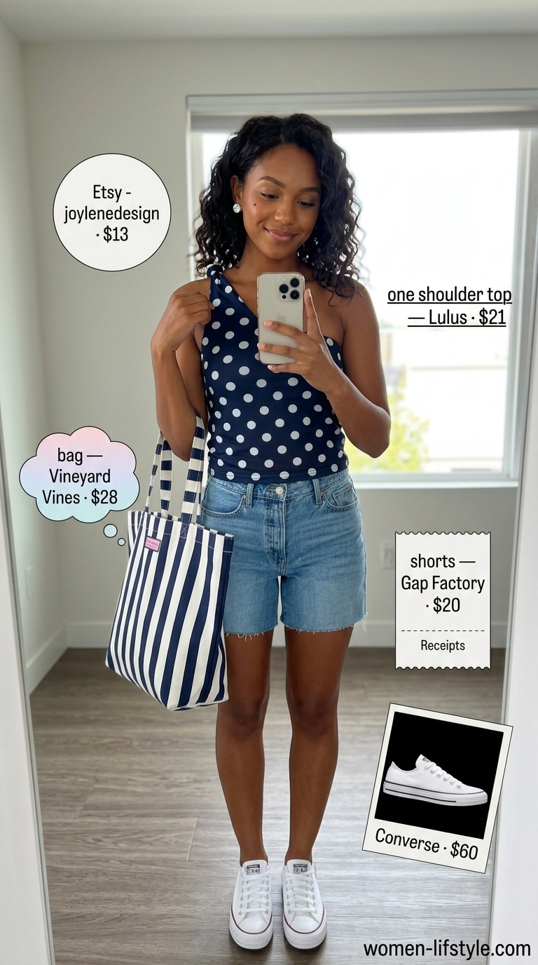 Playful summer one shoulder top outfit for women 2026: navy polka dot top, denim shorts, canvas sneakers, silver studs.
