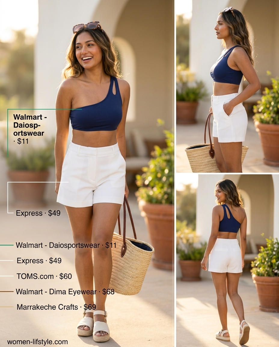 White tailored shorts with navy one-shoulder bikini top for beach brunch outfits 2026.