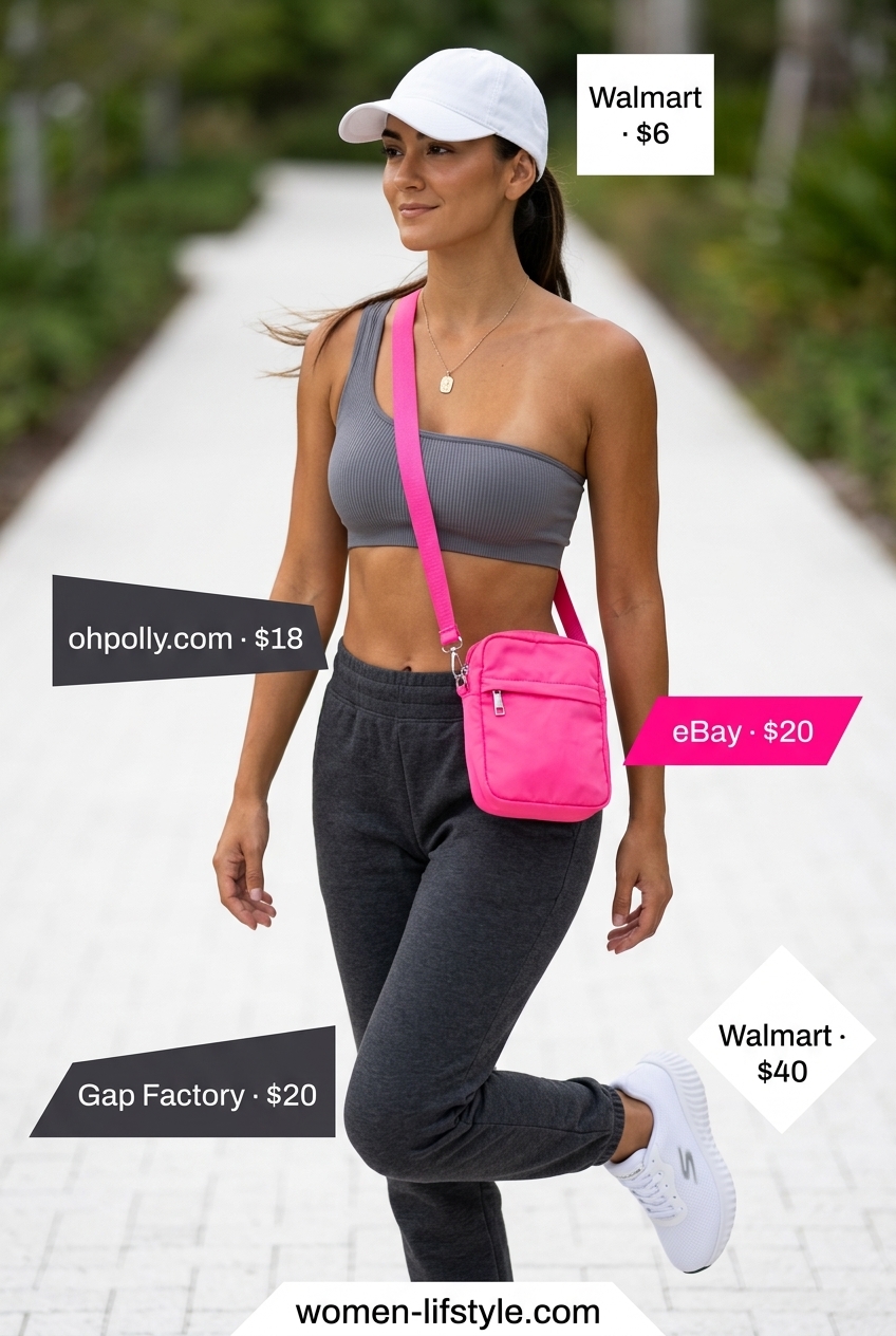 Athleisure one shoulder sports bra outfit for women 2026: grey bra, grey joggers, neon pink bag, white cap, white sneakers.