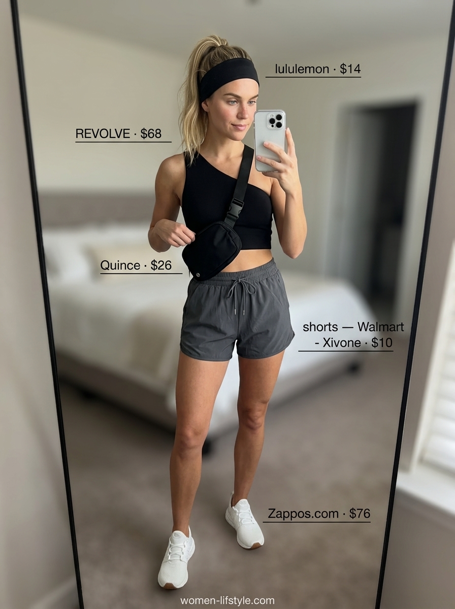Sporty summer one shoulder top outfit for women 2026: black crop top, grey shorts, black fanny pack, athletic sneakers.