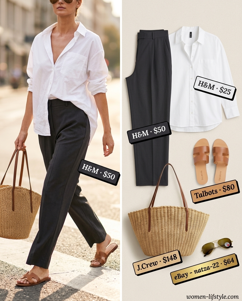 Casual outfit with an oversized white shirt, tan slides, and straw tote. (Note: This image does not feature low-waist trousers).