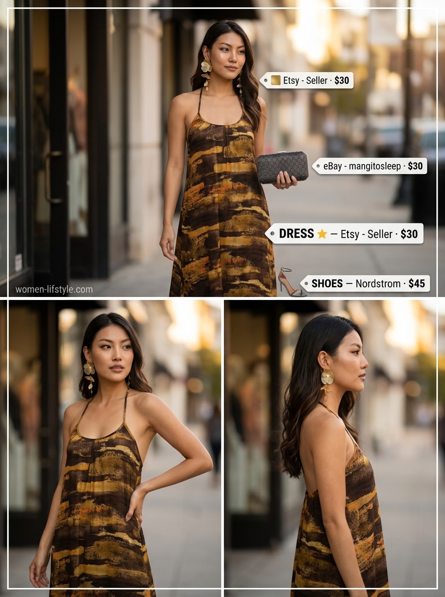 Summer outfits for women with brown hair 2026: Bold abstract print maxi dress, black heels, gold earrings for parties.