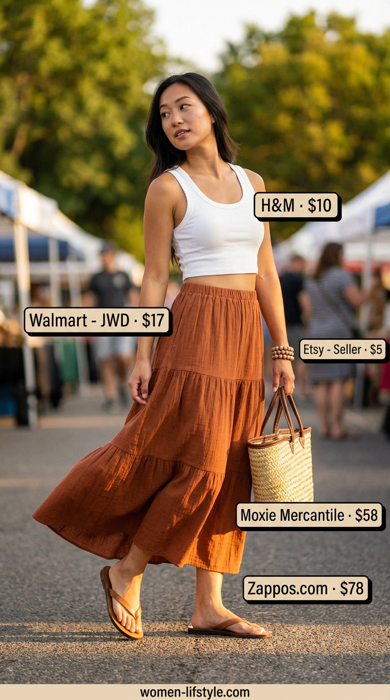 Summer outfits for women with brown hair 2026: Terracotta maxi skirt, white tank top, and straw tote for boho festival style.