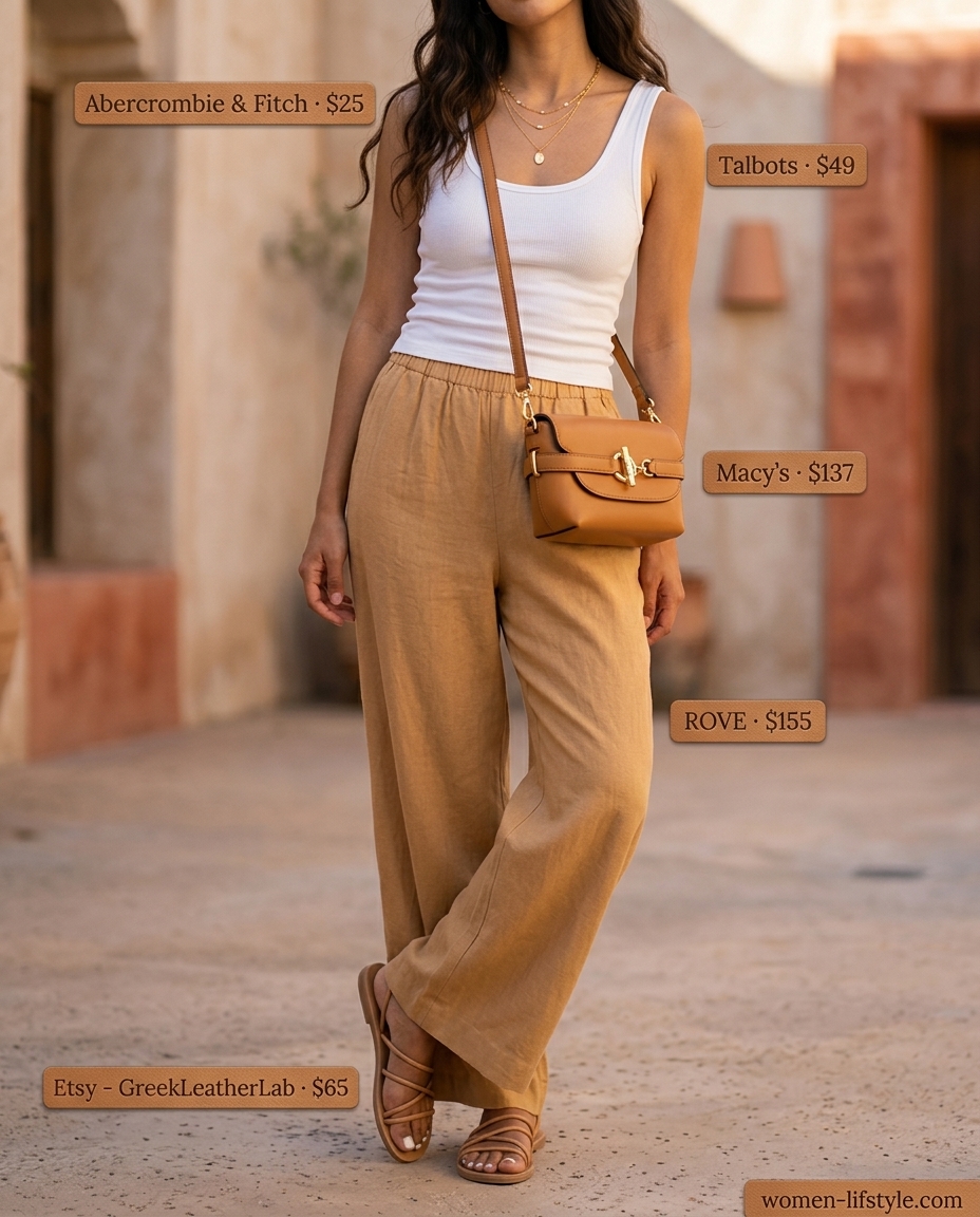Summer outfits for women with brown hair 2026: Camel linen pants, cream tank top, gold necklaces for brunch.
