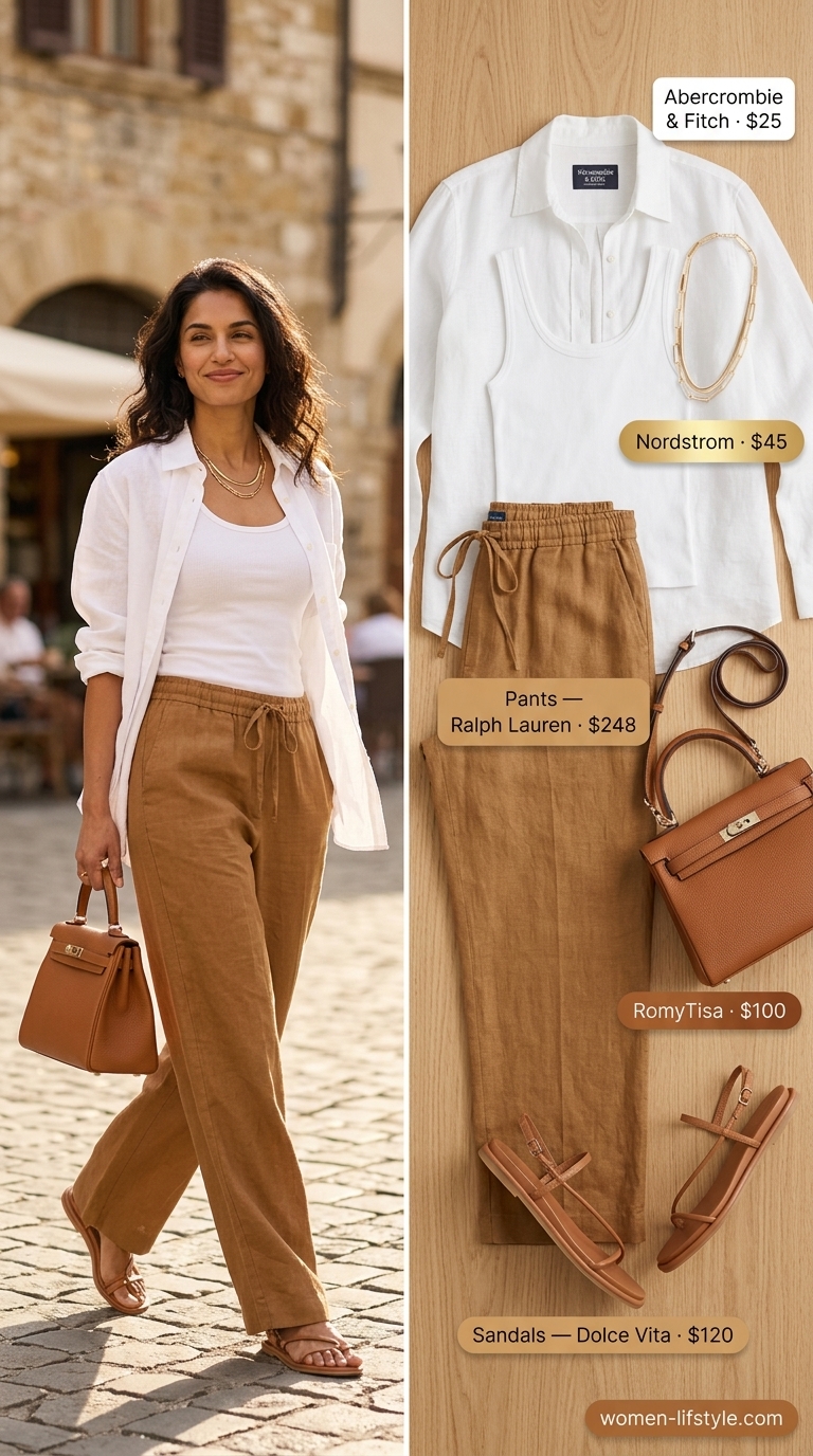 Summer outfits for women with brown hair 2026: Caramel linen pants, cream tank, and strappy sandals for a chic evening out.