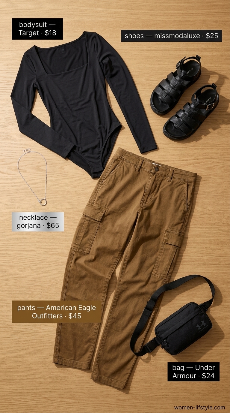 Summer outfits for women with brown hair 2026: Khaki cargo pants, black bodysuit, and platform sandals for a relaxed cool look.