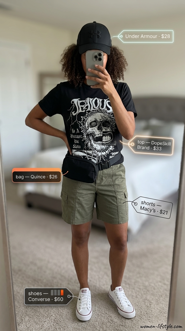 Summer outfits for women with brown hair 2026: Olive cargo shorts, graphic tee, black belt bag, sneakers, cap.