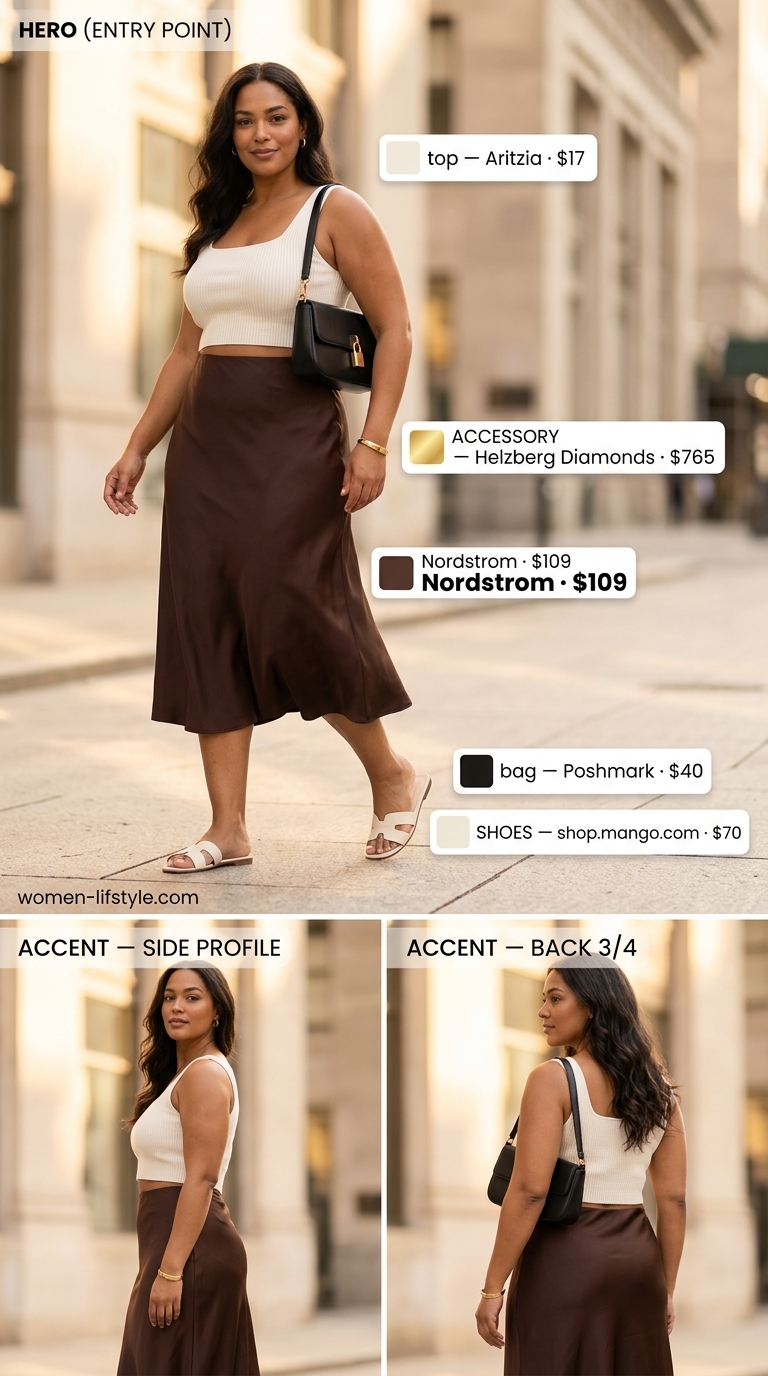 Summer outfits for women with brown hair 2026: Chocolate brown skirt, ivory knit top, nude sandals for smart casual.