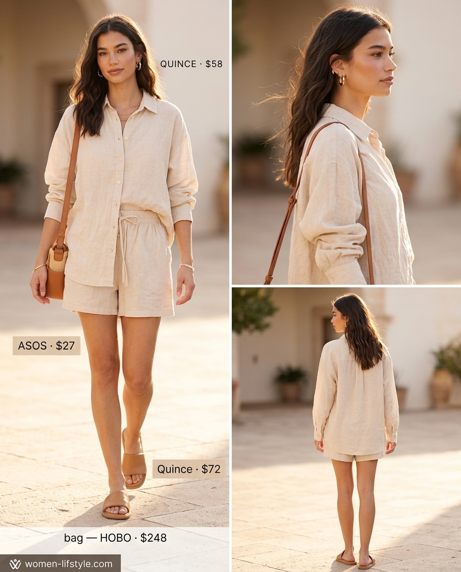 Summer outfits for women with brown hair 2026: Beige linen set, straw bag, gold hoops, leather slides.