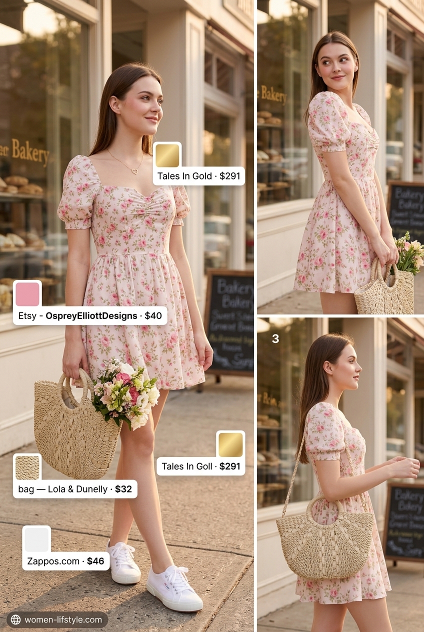 Summer outfits for women with brown hair 2026: Blush pink floral sundress, white sneakers, straw tote for daytime.