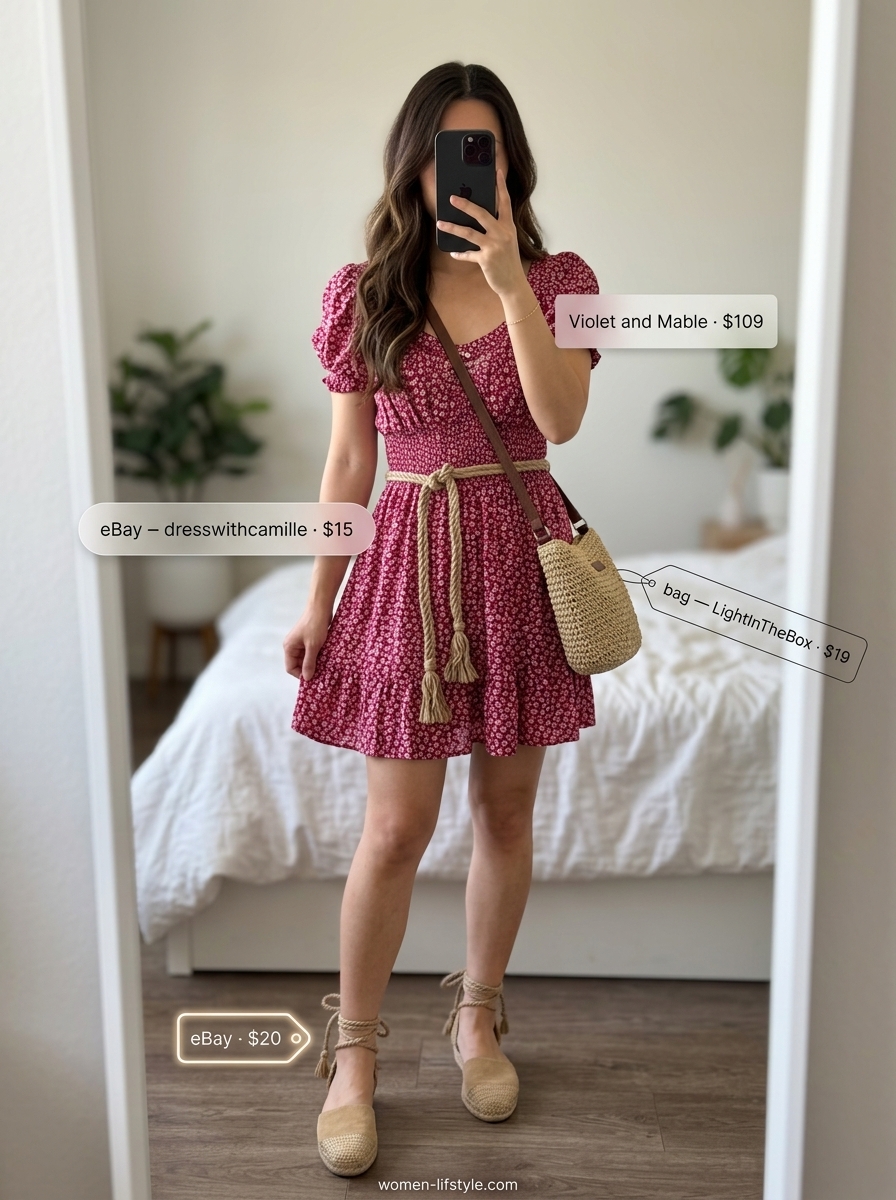 Summer outfits for women with brown hair 2026: Blush pink floral mini sundress with espadrilles for a sweet picnic look.