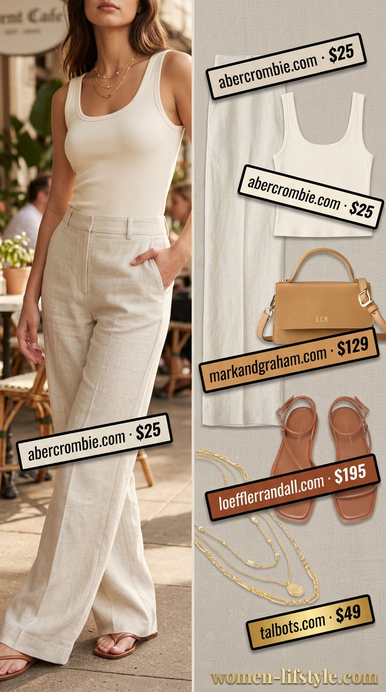 Summer outfits for women with brown hair 2026: Taupe linen pants, cream knit tank, and leather sandals for a relaxed brunch look.