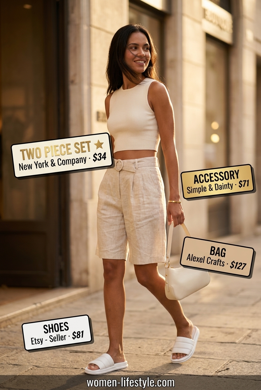 Summer outfits for women with brown hair 2026: Beige linen shorts set with white slides for a modern minimalist look.