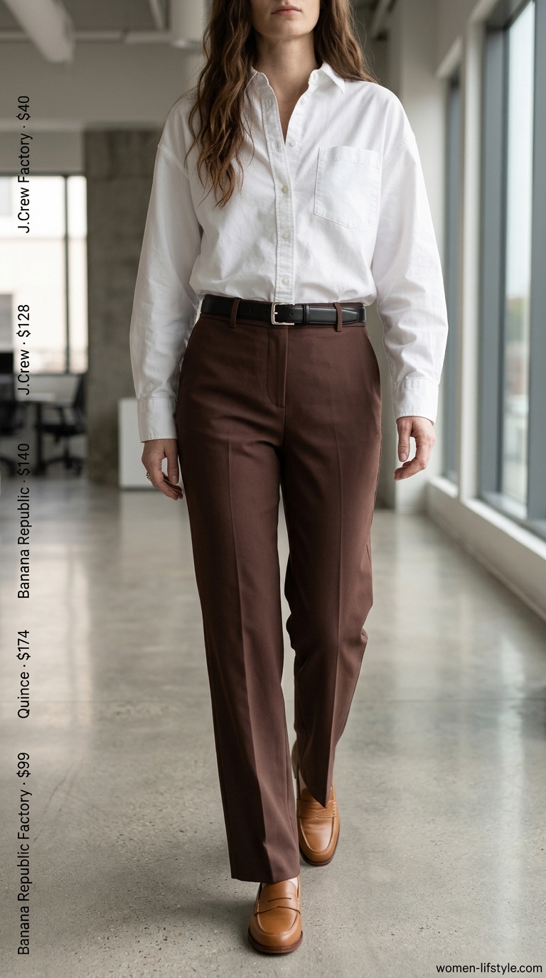 Summer outfits for women with brown hair 2026: Chocolate brown trousers, white shirt, black belt, loafers, tote.