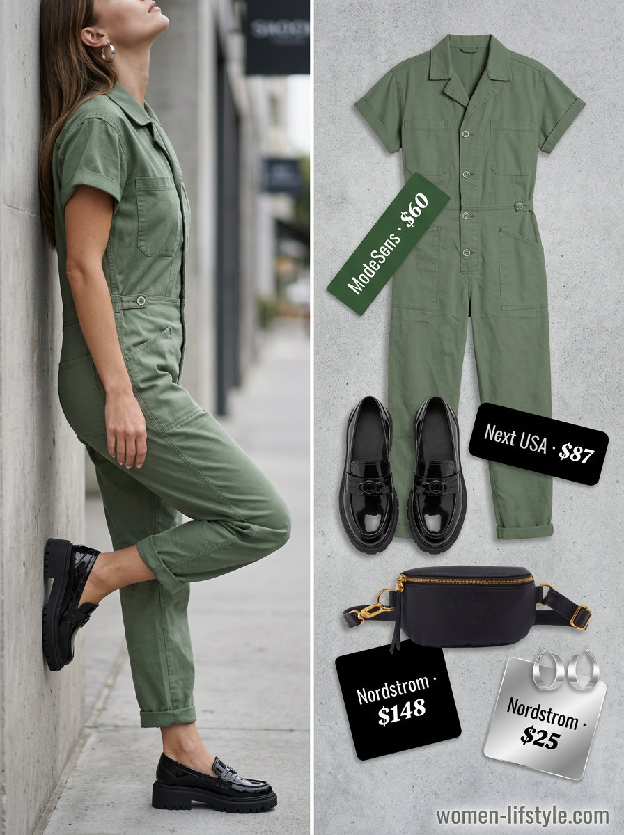 Summer outfits for women with brown hair 2026: Olive green utility jumpsuit, black loafers, silver hoops for city style.