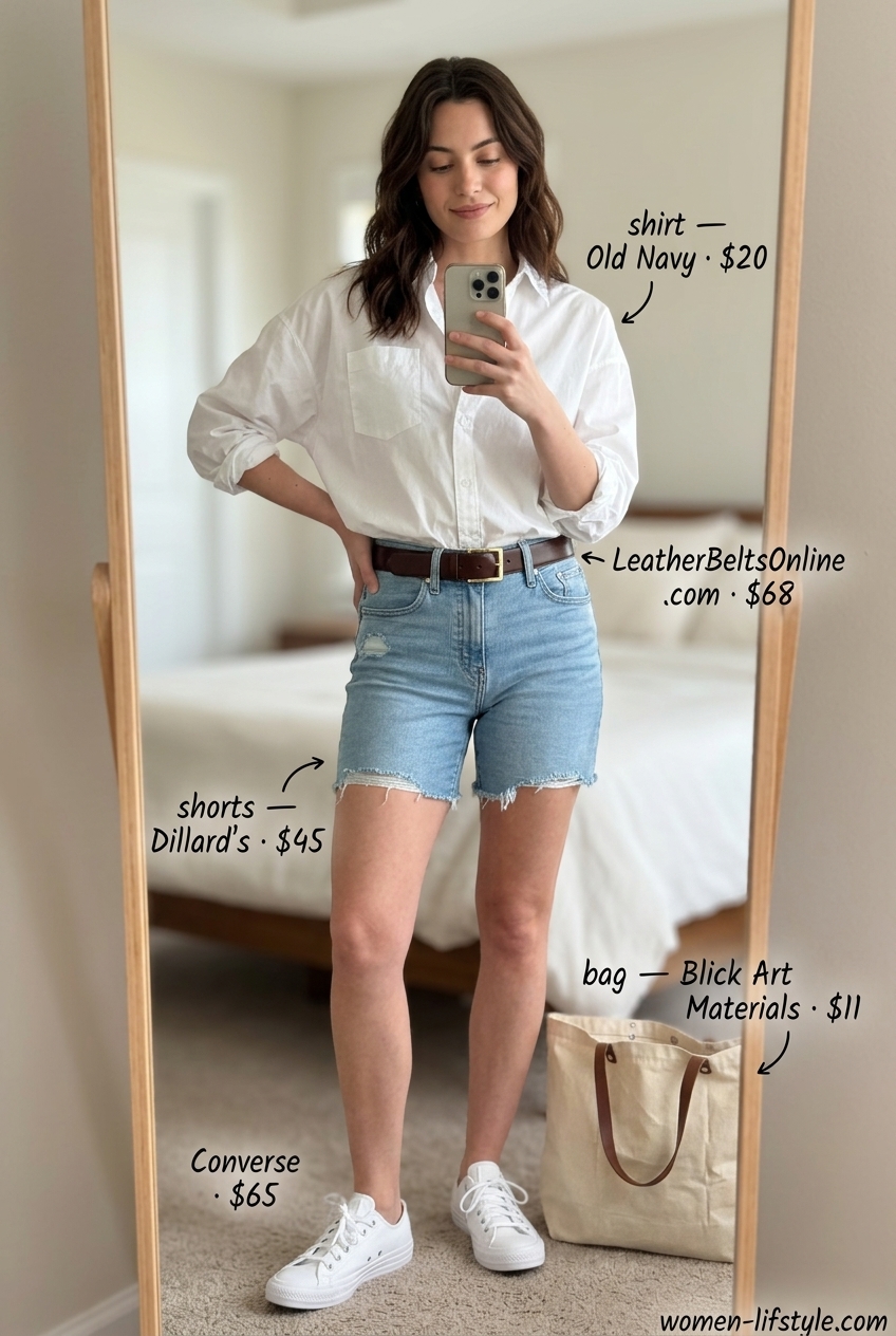 Summer outfits for women with brown hair 2026: Relaxed denim shorts, white shirt, tan belt, white sneakers, canvas tote.