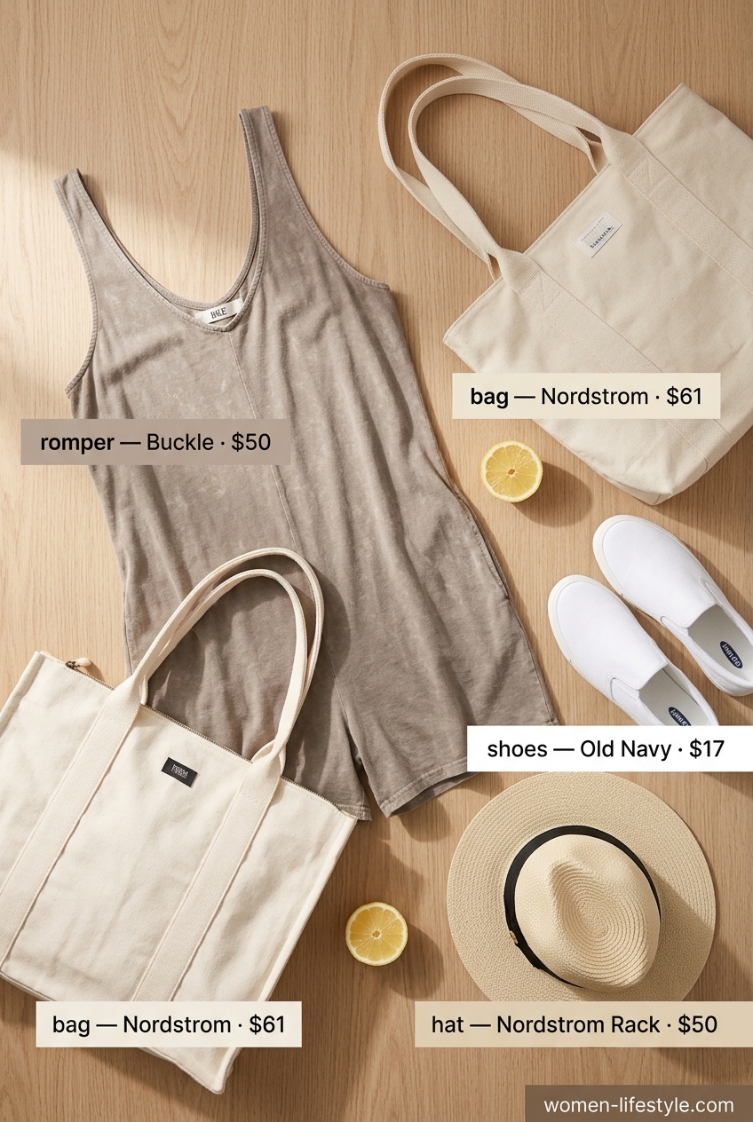 Summer outfits for women with brown hair 2026: Taupe knit romper, straw fedora, canvas sneakers for casual days.