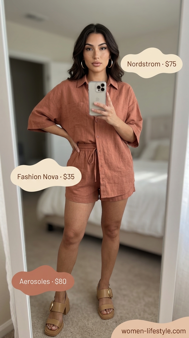 Summer outfits for women with brown hair 2026: Terracotta linen shorts set with cream sandals for chic vacation resort wear.