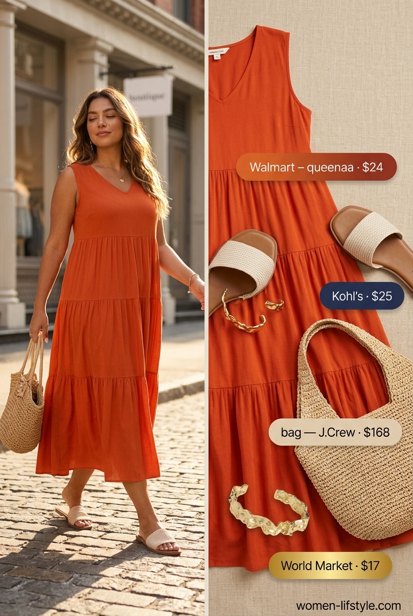Summer outfits for women with brown hair 2026: Terracotta maxi dress, raffia sandals, straw tote for beachside dinners.