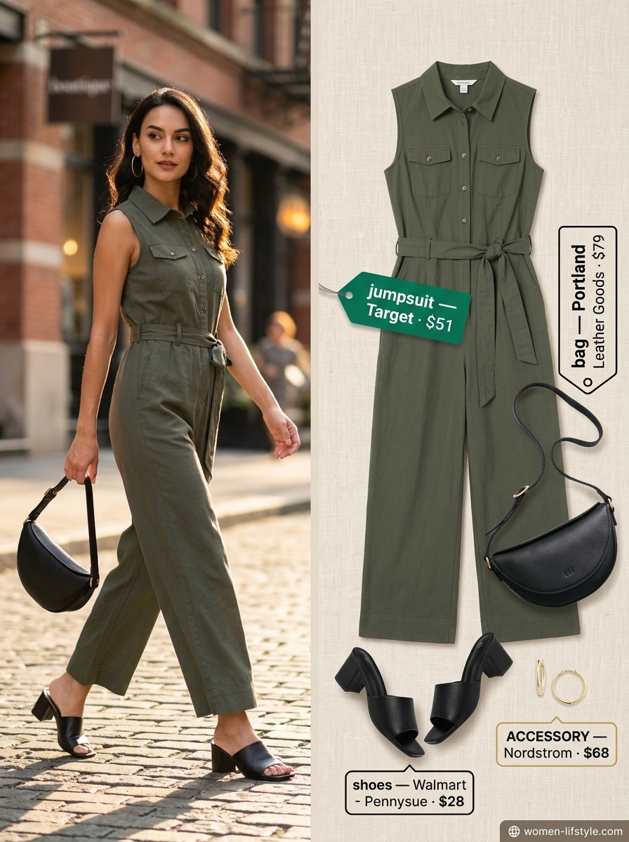 Summer outfits for women with brown hair 2026: Olive green utility jumpsuit with black mules and gold earrings for a chic dinner.
