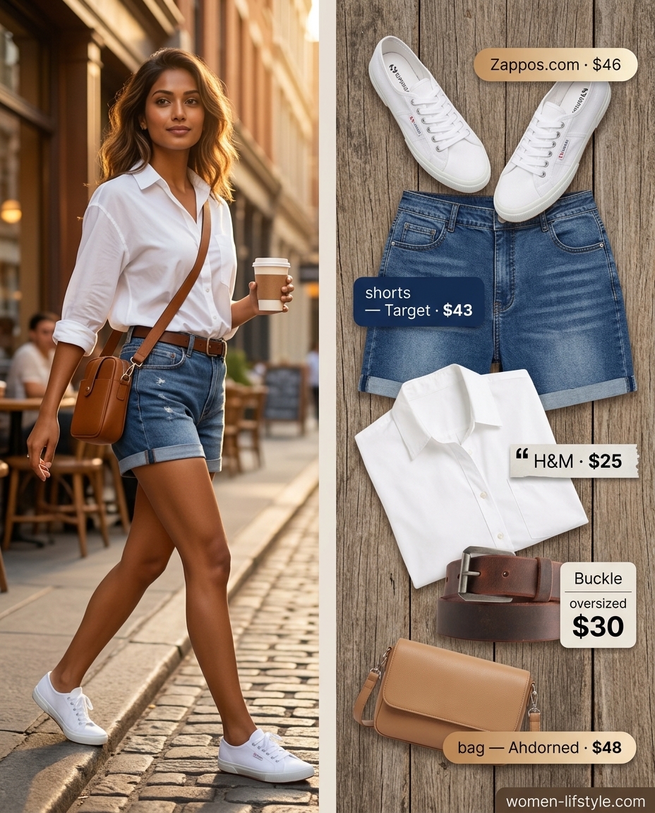 Summer outfits for women with brown hair 2026: Denim shorts, white shirt, tan crossbody, white sneakers, brown belt.