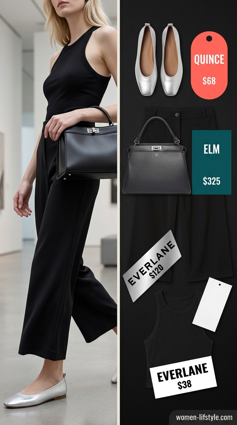 Minimalist Art Gallery Outfits 2026 Minimalist Art Gallery outfit with black cropped wide-leg pants, white tank, and silver flats. Summer pants for women 2026.