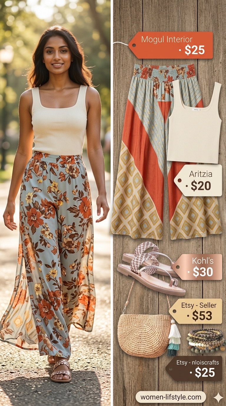 Boho Sunset Dreamer: Summer Pants for Women 2026 Terracotta and cream printed palazzo pants, cream ribbed tank, and straw crossbody bag for summer pants for women 2026 boho.