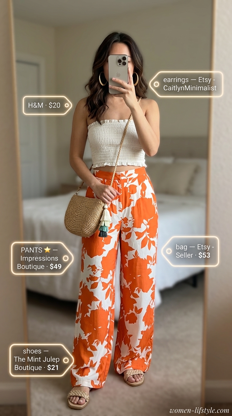 Boho Sunset Soiree: Summer Pants for Women 2026 Terracotta orange floral palazzo pants, ivory bandeau top, and straw crossbody bag for summer pants for women 2026 festival.