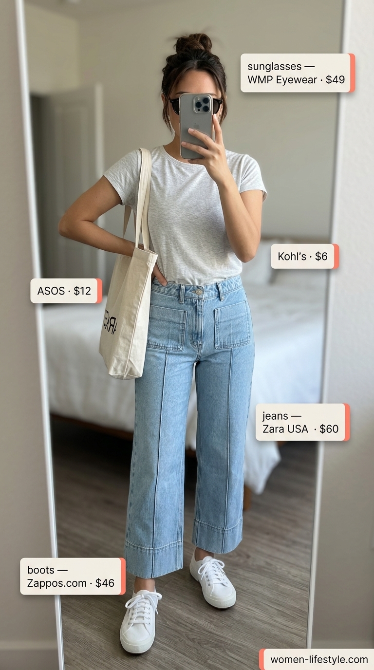 Effortless Summer Pants for Women 2026: Denim Daydream Casual summer pants for women 2026: Wide-crop denim jeans with grey tee & white sneakers for weekend.