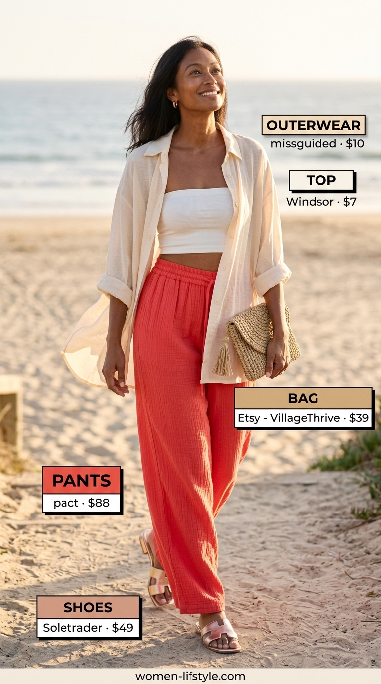 Tropical Resort Escape Outfits 2026 Tropical Resort Escape outfit with coral gauze pants, ivory crop top, and straw clutch. Summer pants for women 2026.