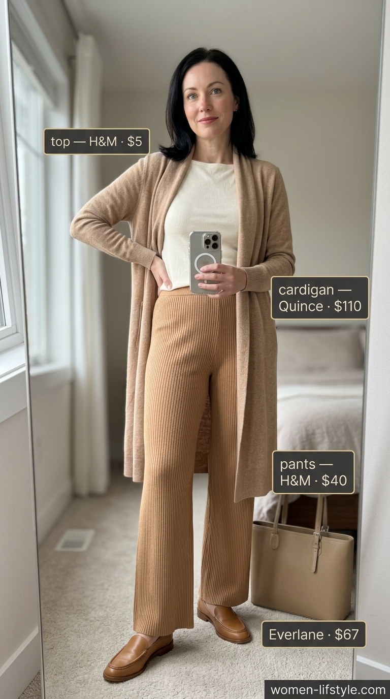 Comfortable Summer Pants for Women 2026: Cozy Travel Cozy travel summer pants for women 2026: Cream ribbed knit wide-leg pants with camel cardigan & loafers.