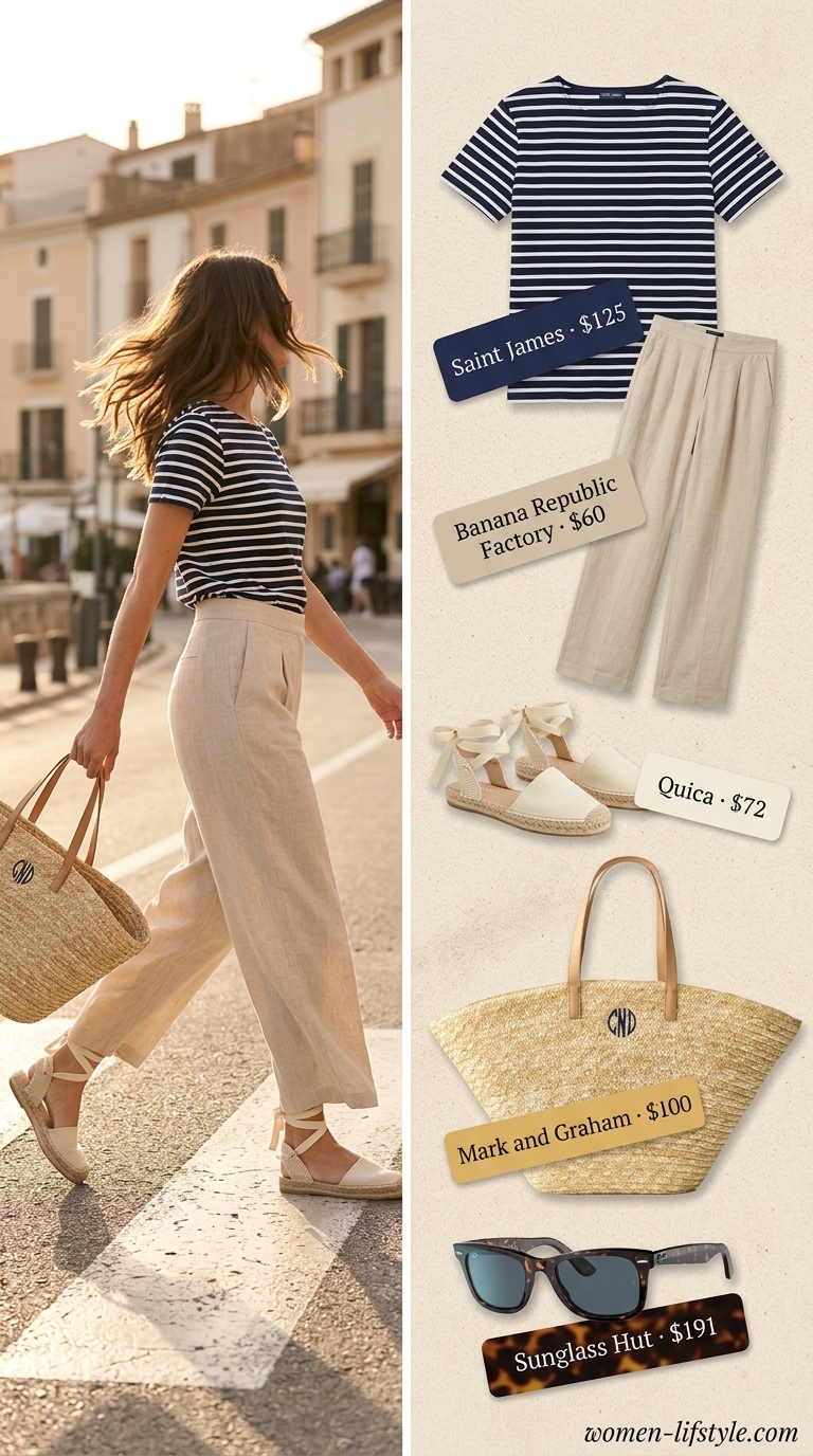 Riviera Retreat Outfits 2026 Riviera Retreat outfit with ecru linen pants, Breton stripe top, and straw tote. Summer pants for women 2026.