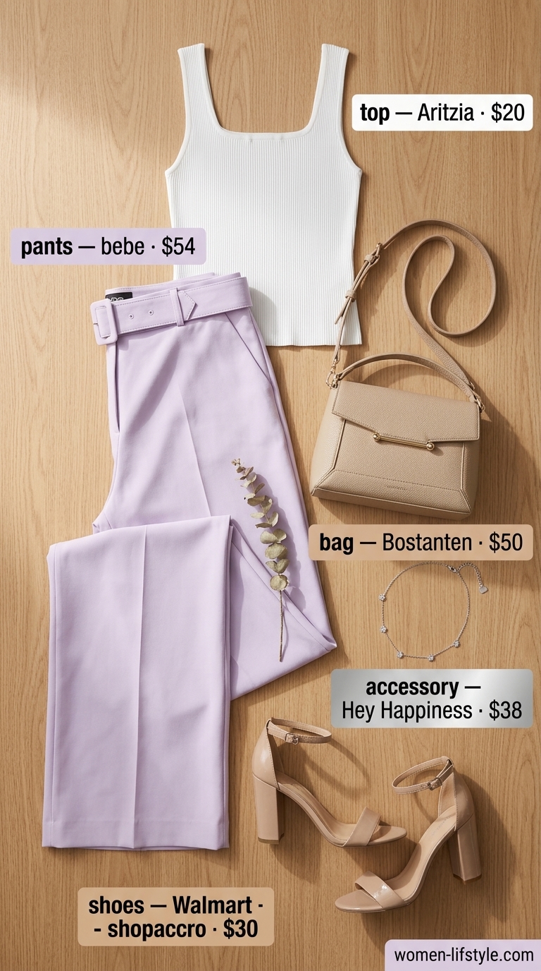 Lavender Haze Brunch: Summer Pants for Women 2026 Lavender tapered trousers, a white ribbed tank, and nude block heels for summer pants for women 2026 brunch.
